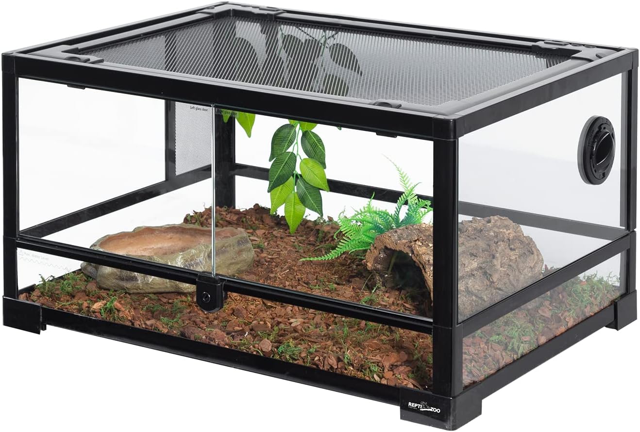 REPTI ZOO Full Glass 20 Gallon Reptile Tank, Front Opening Reptile Terrarium 24" x 18"x 12", Double Hinged Opening Doors & Top Screen Ventilation Escape Proof Lid