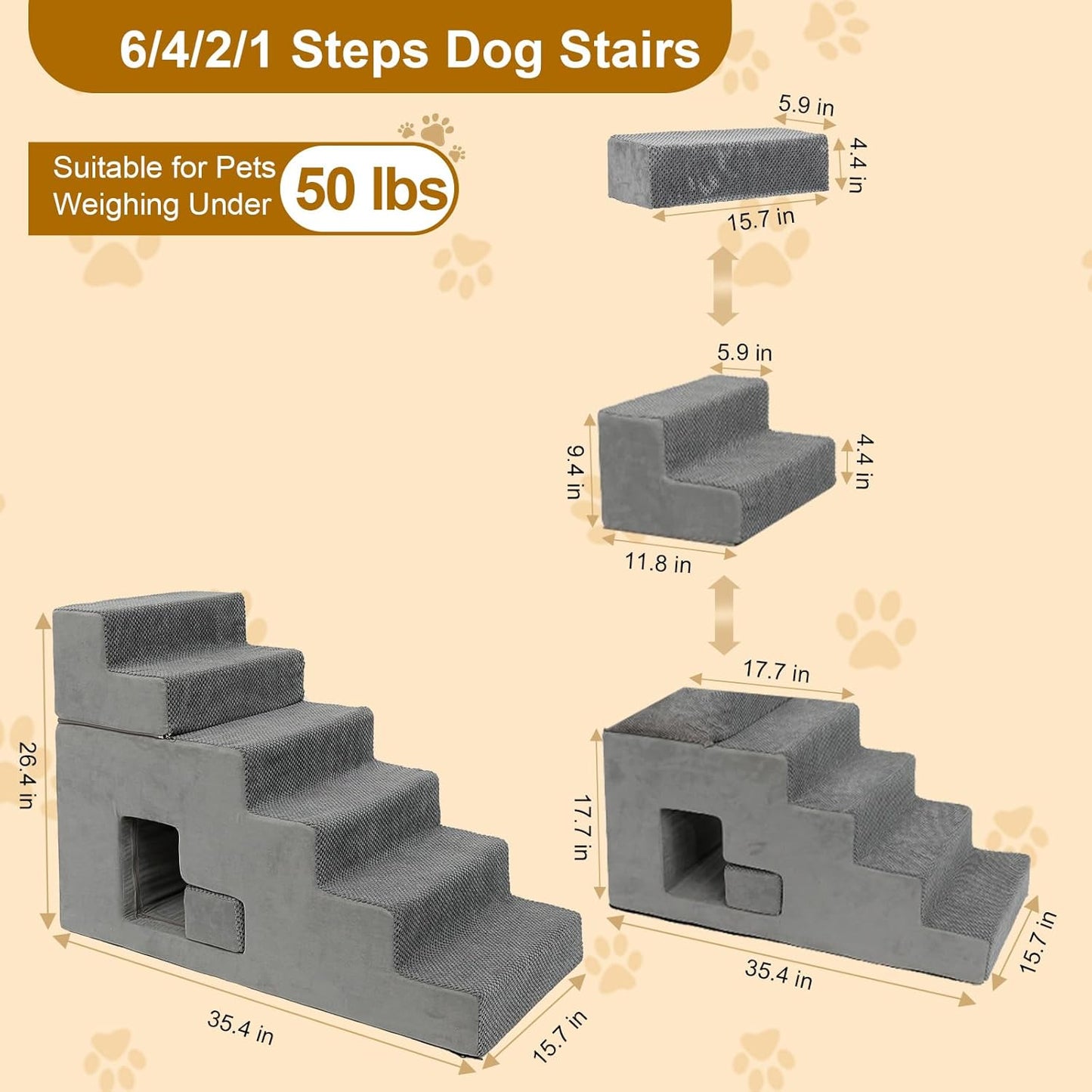 Dog Stairs for Small Dogs 27”H, 6-Step Dog Steps for High Bed, High-Density Foam Pet Stairs with Non-Slip Removable Washable Cover to Get on Bed(Grey)