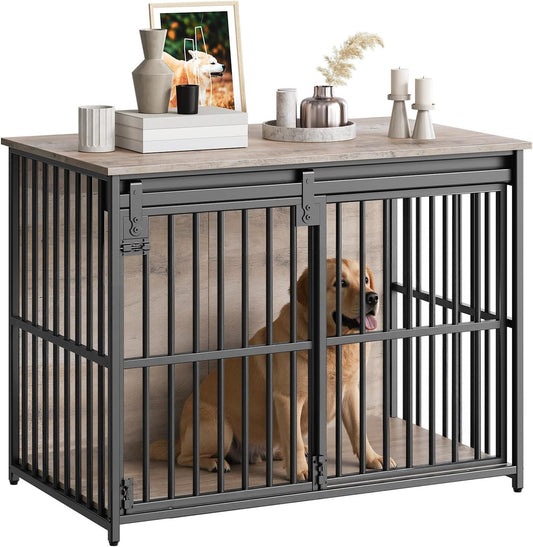 HOOBRO Dog Crate Furniture, 36.6" Heavy Duty Dog Kennel with Sliding Barn Door, Wooden Dog Cage Indoor, Decorative Side End Table for Small/Medium Dogs, Greige and Black GY162GW03G1