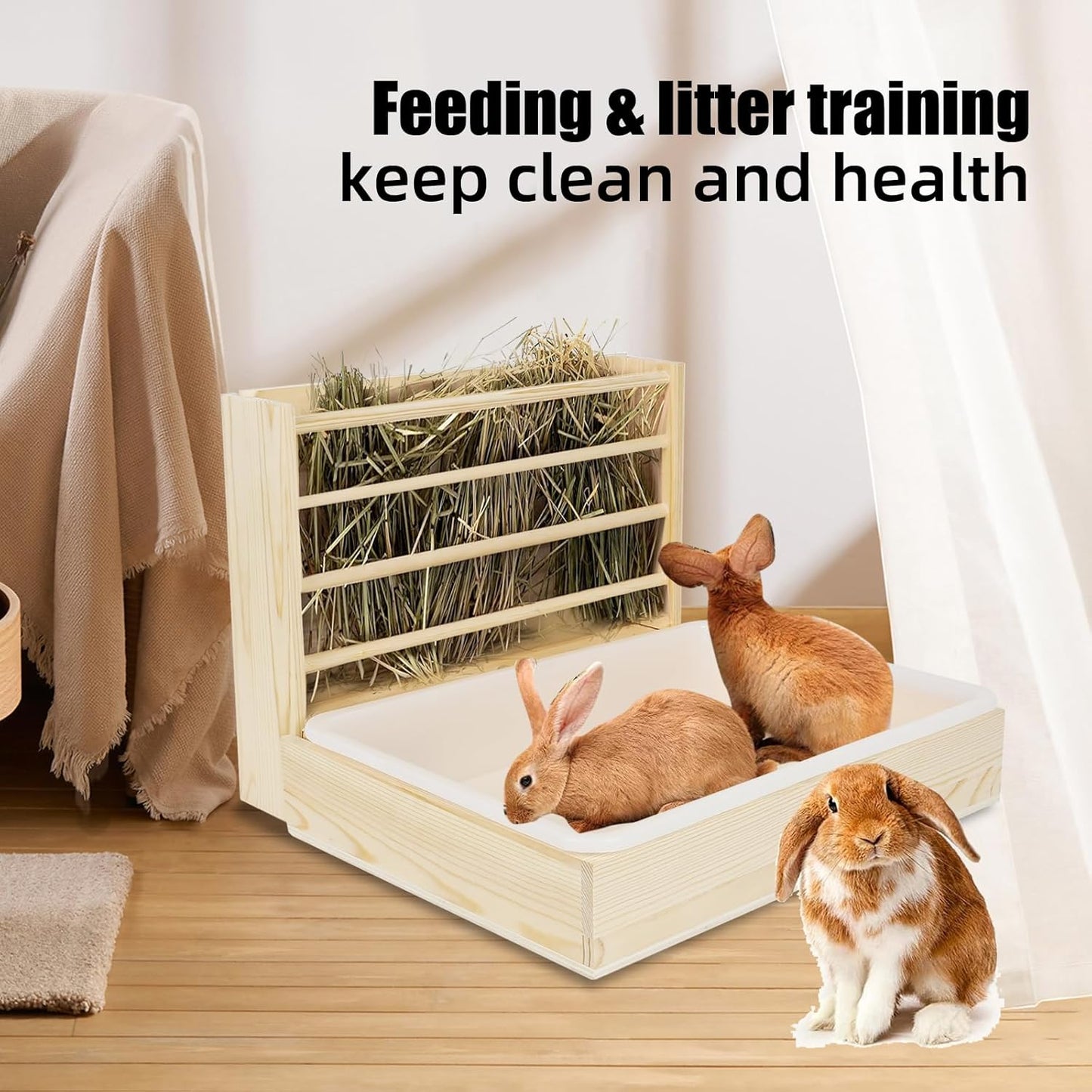 2 in 1 Wooden Rabbit Hay Feeder Box Safe Bunny Feeder Manger Grass Food Holder Rack Hay Holder with Toilet Rabbit Hay Feeder with Litter Pan Designed for Rabbits Guinea Pig Hamster Small Animals