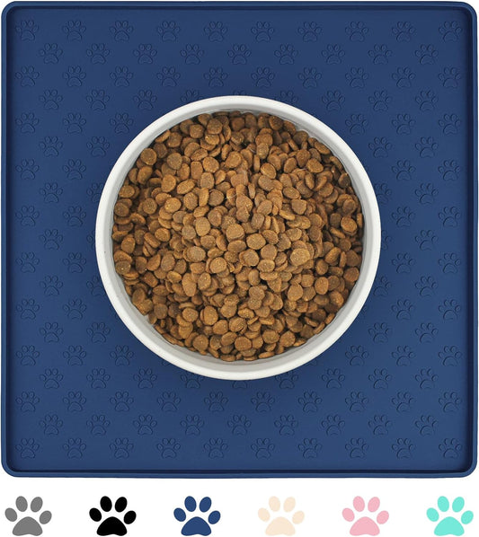 Ptlom Pet Placemat for Dog and Cat, Waterproof Non-Slip Silicone Feeding Bowl Mat Prevent Food and Water Overflow, Puppy Dish Feeder Fountain Trays Suitable for Medium and Small Pets, Navy Blue