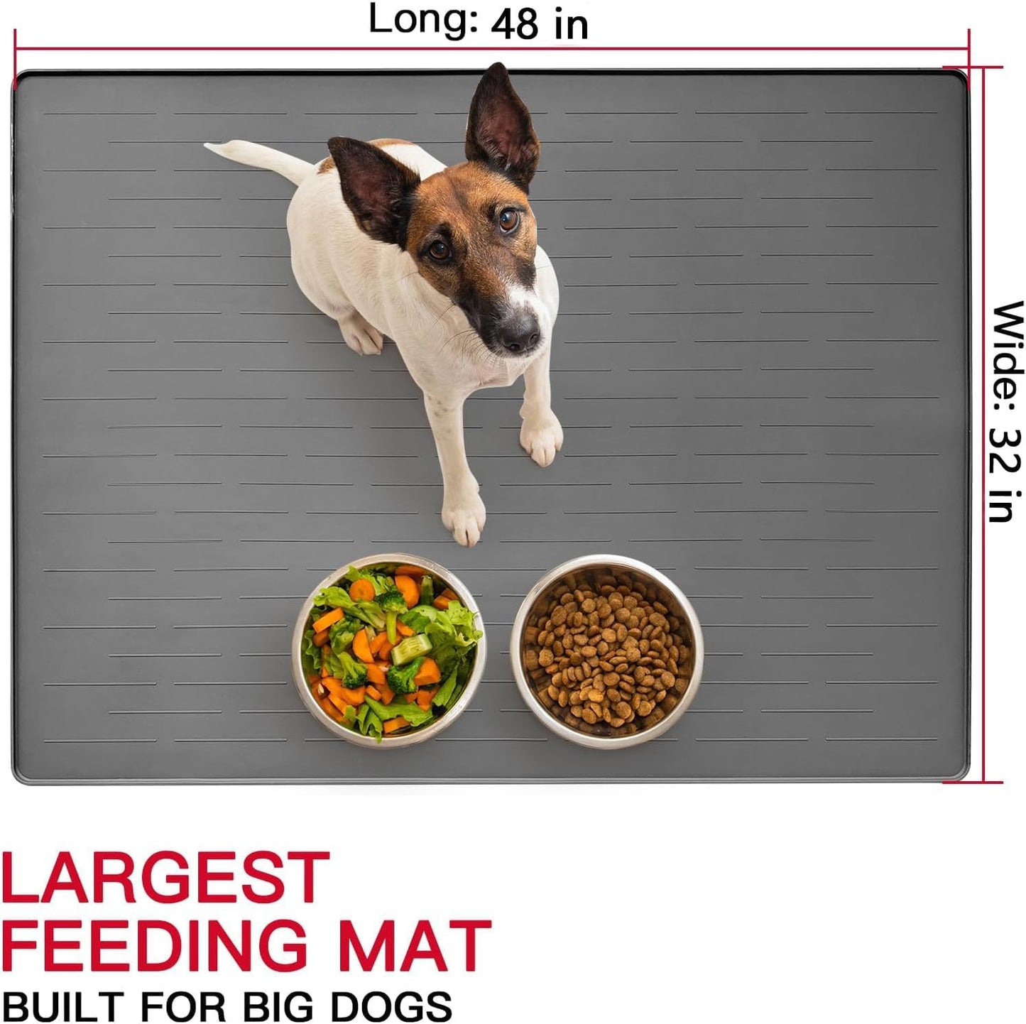 48" x 32" XXXL Largest Pet Food Mat, Silicone Dog Mats for Food and Water, Nonslip Pet Feeding Mats for Floors,Dog Cat Bowl Mat with Raised Edges, Light Gray