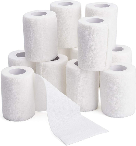 TOBWOLF 12PCS Self Adhering Bandage, 3" x5yd / 7.5cmx4.5m Cohesive Elastic Bandage Wrap Gauze Roll, Breathable Sports Tape, Medical Wrap for Wrist Ankle Knee Leg Sprains Swelling - White