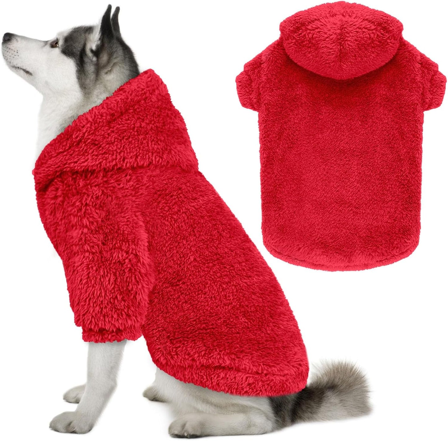 Fuzzy Dog Sweaters for Large Dogs Soft Double-Sided Plush Fleece Pet Sweater Clothes Pet Coats Dog Hoodie Sherpa Hooded Sweatshirt(Red-XXL)
