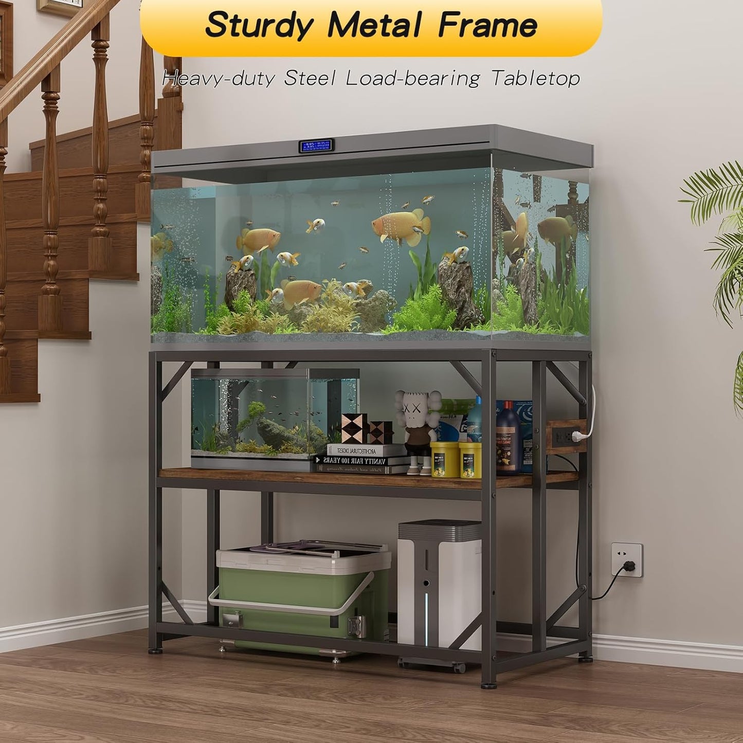 Sturdy Metal Aquarium Stand with Power Outlets, Adjustable Storage Cabinet - 660LBS Capacity, Rustic Brown - Suitable for 40 Gallon Fish Tank, Turtle Tank, Perfect Fish Tank Stand for Organization and Convenience