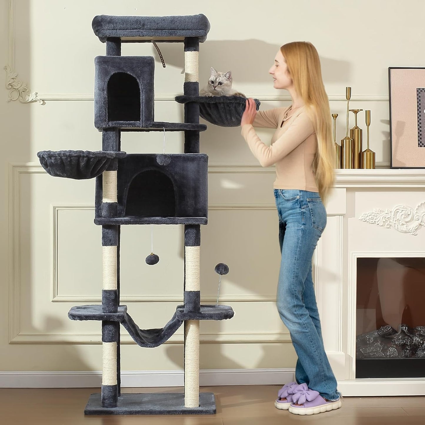 70-Inch Cat Tree,Large Cat Tree Tower with Hammock, Scratching Post, Condo and Multi-Level Cat Tower for Large Cats, Cat Activity Center Playhouse, Dark Gray LCT016