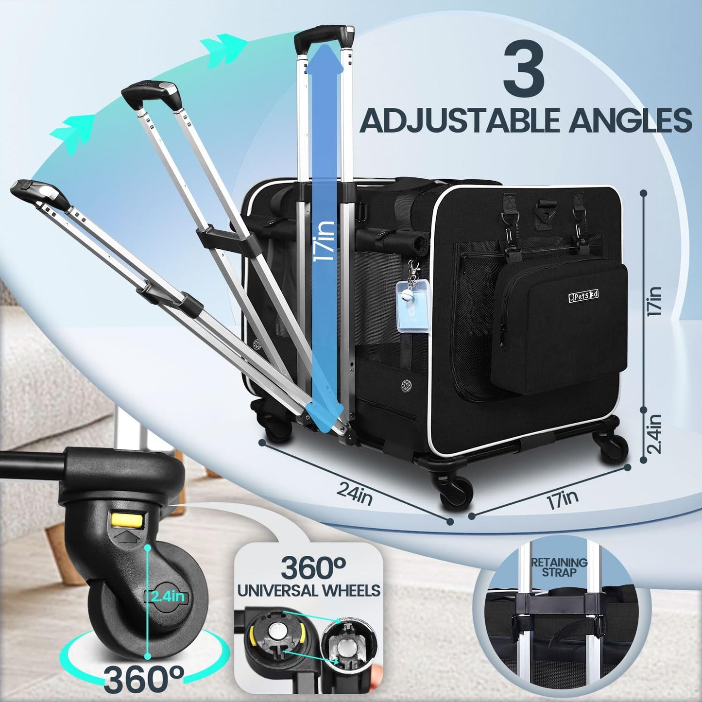 Petskd Extra Large Cat Carrier with Wheels and Litter Box, 24"x17"x17" Rolling Soft Carrier Until 55LBS Pets with 5 Breathable Mesh Windows and Locking Zippers for Long Distance Car Travel(Black)