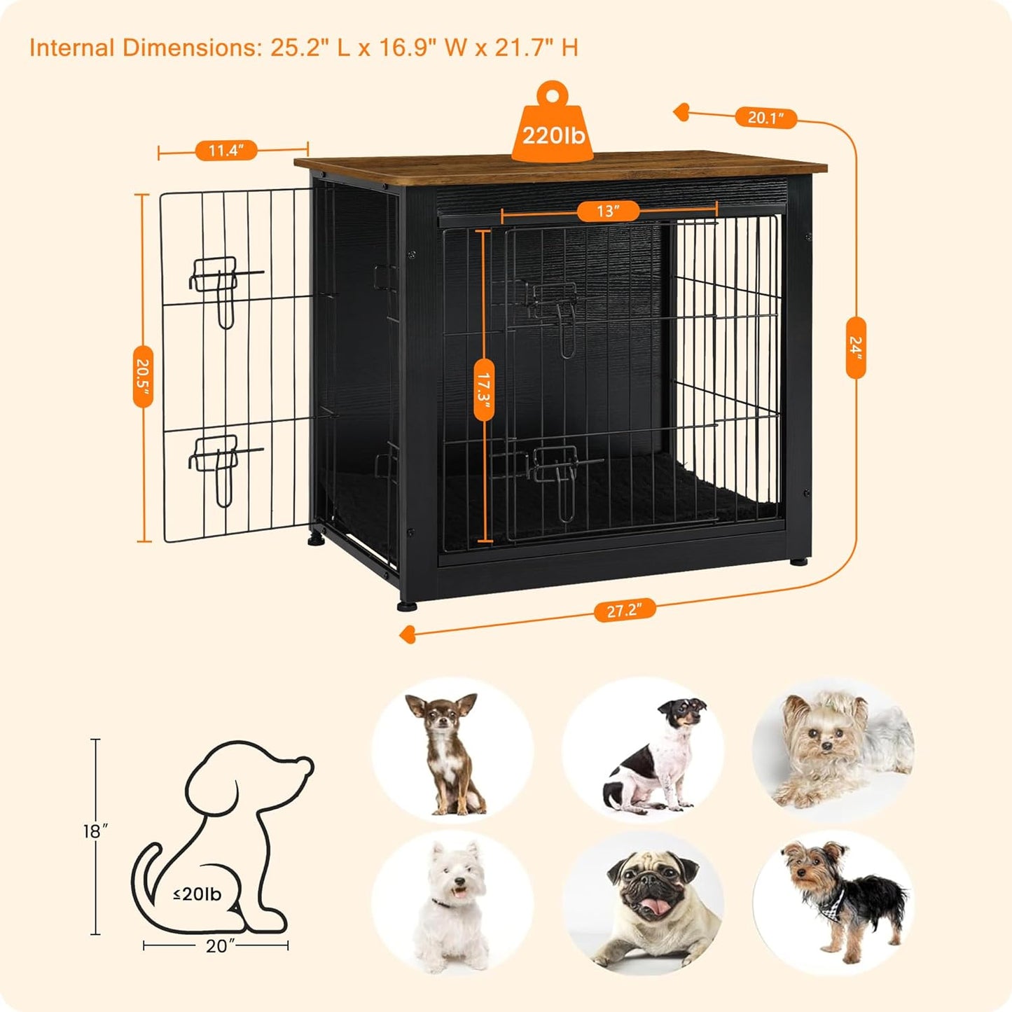 DWANTON Dog Crate Furniture with Cushion, Wooden Kennel Table with Double Doors, Indoor Dog House, Small/Medium/Large Size, 27.2" L, Black+Warm Brown