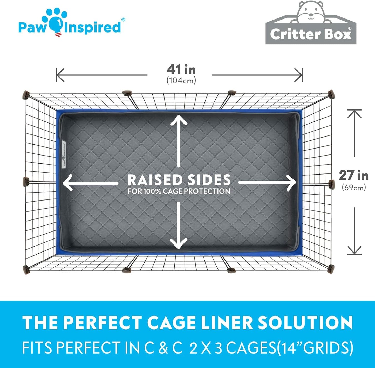Paw Inspired Critter Box Washable Cage Liner, Reversible Fleece Bedding with Raised Sides for Guinea Pigs and Other Small Animals (C&C 2x3 (14" Grids), Gray/Blue)