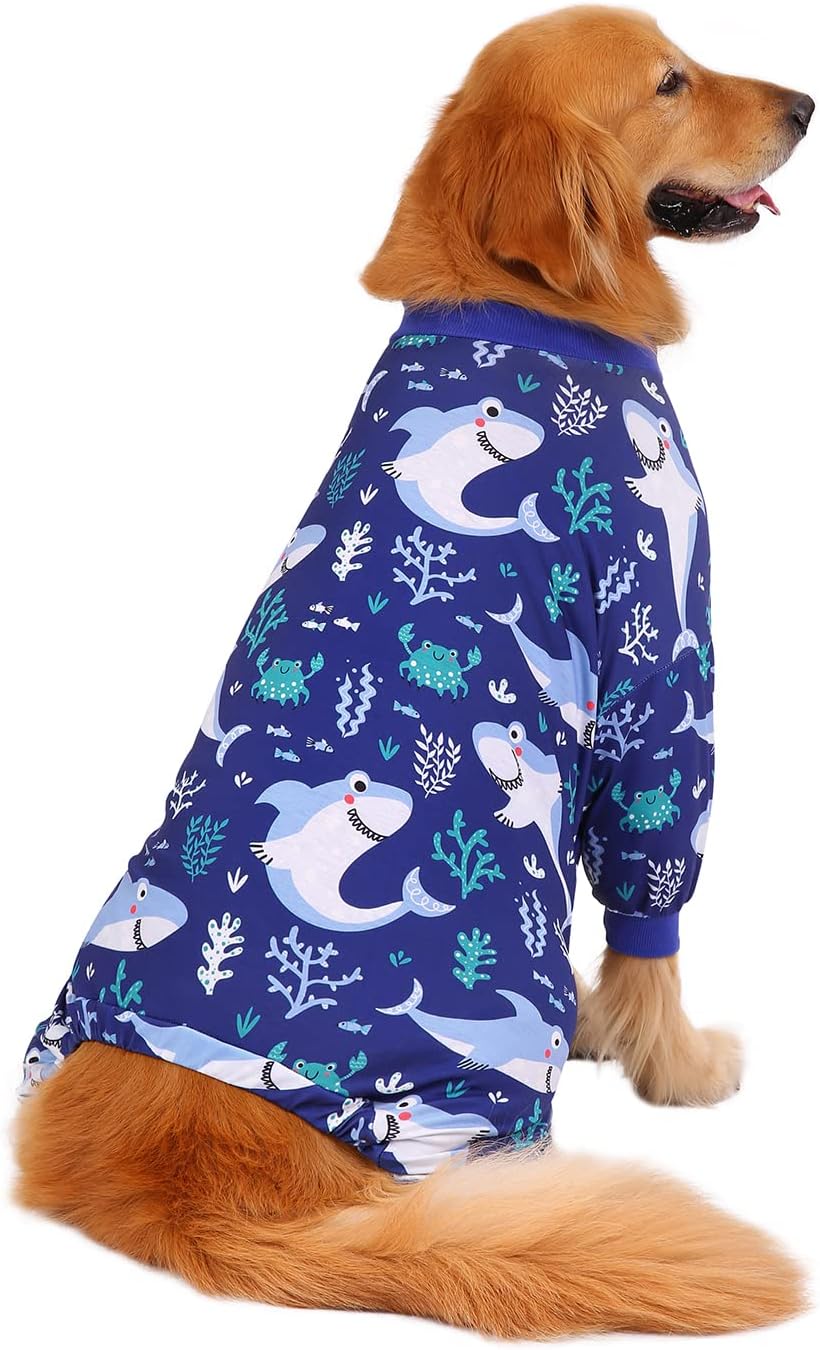 HDE Dog Pajamas One Piece Jammies Jumpsuit Pet Clothes Outfit Stretchy Lightweight Comfy Shirt Pjs for M-3XL Dogs Sharks - XXL