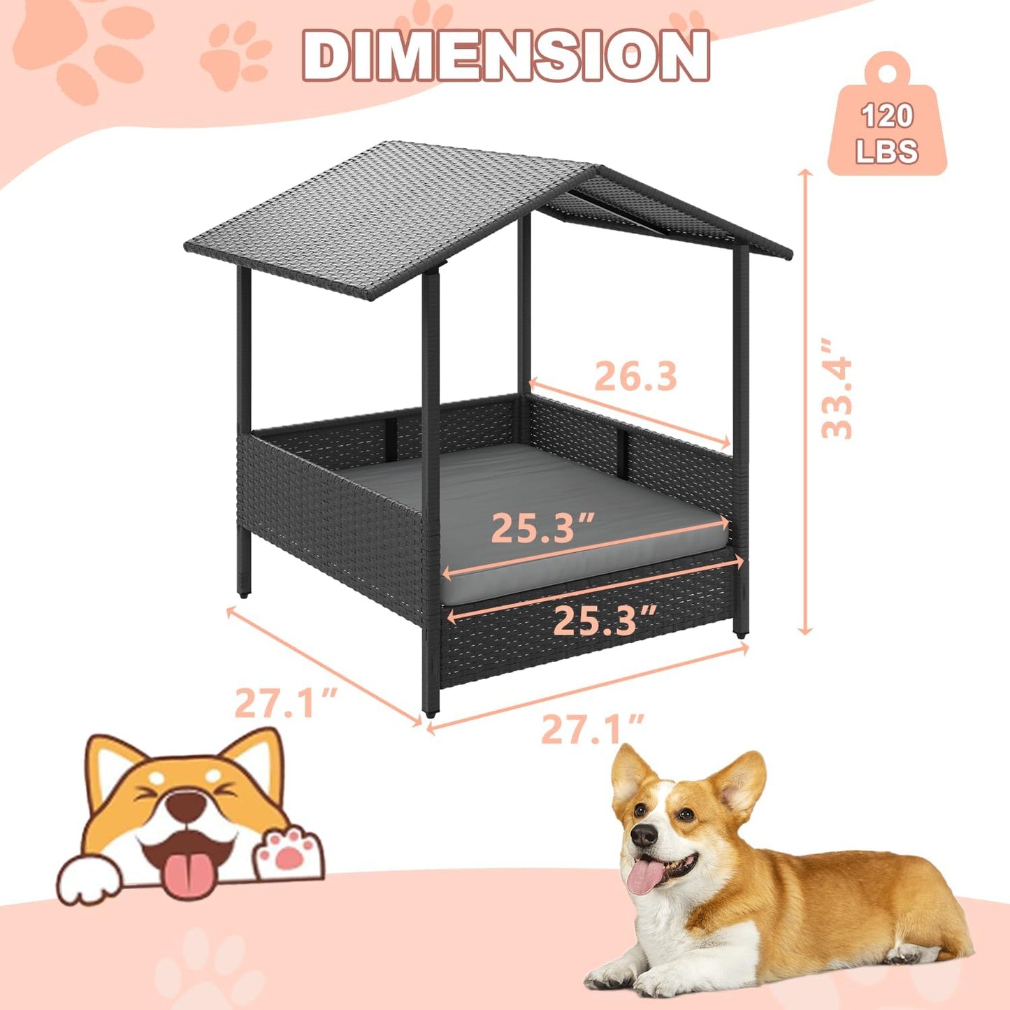 LEMBERI Outdoor Rattan Dog House with Canopy, Indoor Dog Bed for Small/Medium Dogs with Removable Cushion, Washable Cover, Dog Shelter for Patio, Deck, Yard, Pool, Black