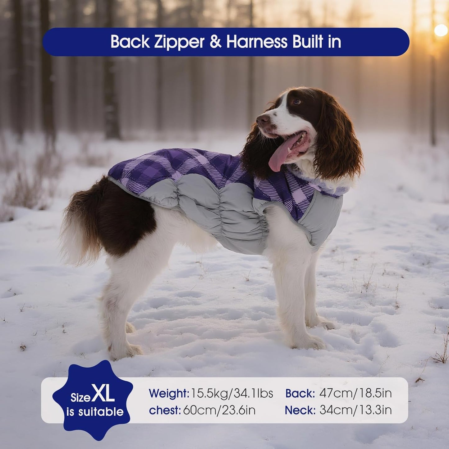 FUAMEY Dog Coat for Large Dogs,Waterproof Dog Winter Jacket with Harness Built in Puppy Cold Weather Coats Reflective Pet Vest with Zipper Warm Fleece Dogs Snowsuit Windproof Purple Plaid XL