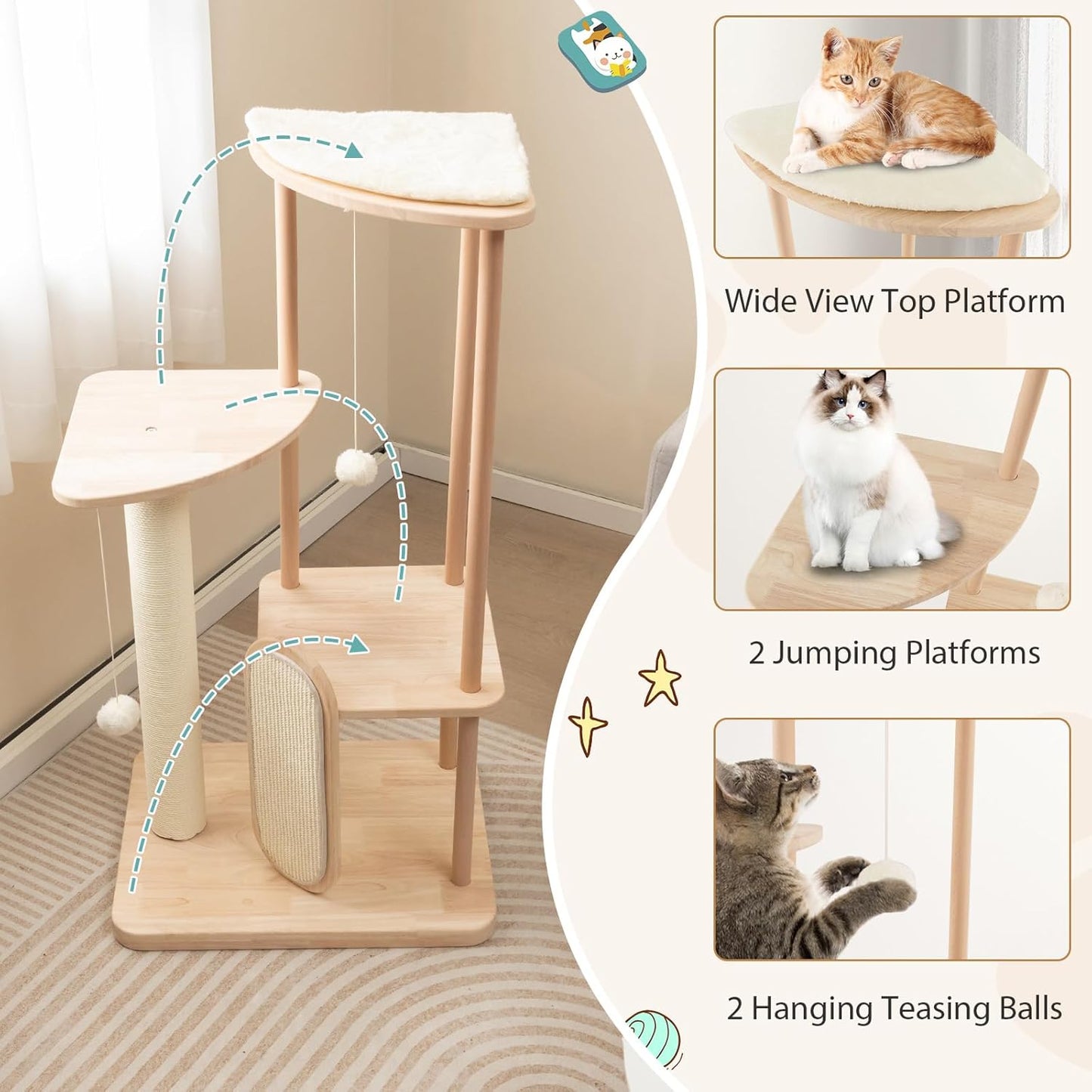 Tangkula Wood Cat Tree for Indoor Cats, Multi-Level Modern Cat Tower with Sisal Scratching Board & Post, Padded Perch, Platform, Hanging Toy, Minimalist Kitten Activity Center for Small & Medium Cats