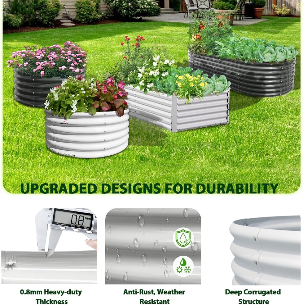 A ANLEOLIFE 8X4X2 ft Galvanized Raised Garden Beds Outdoor, Oval Large Metal Deep Root Planter Box for Planting Vegetables Flowers Herb, Anti-Rust & Easy-Setup, Antique White