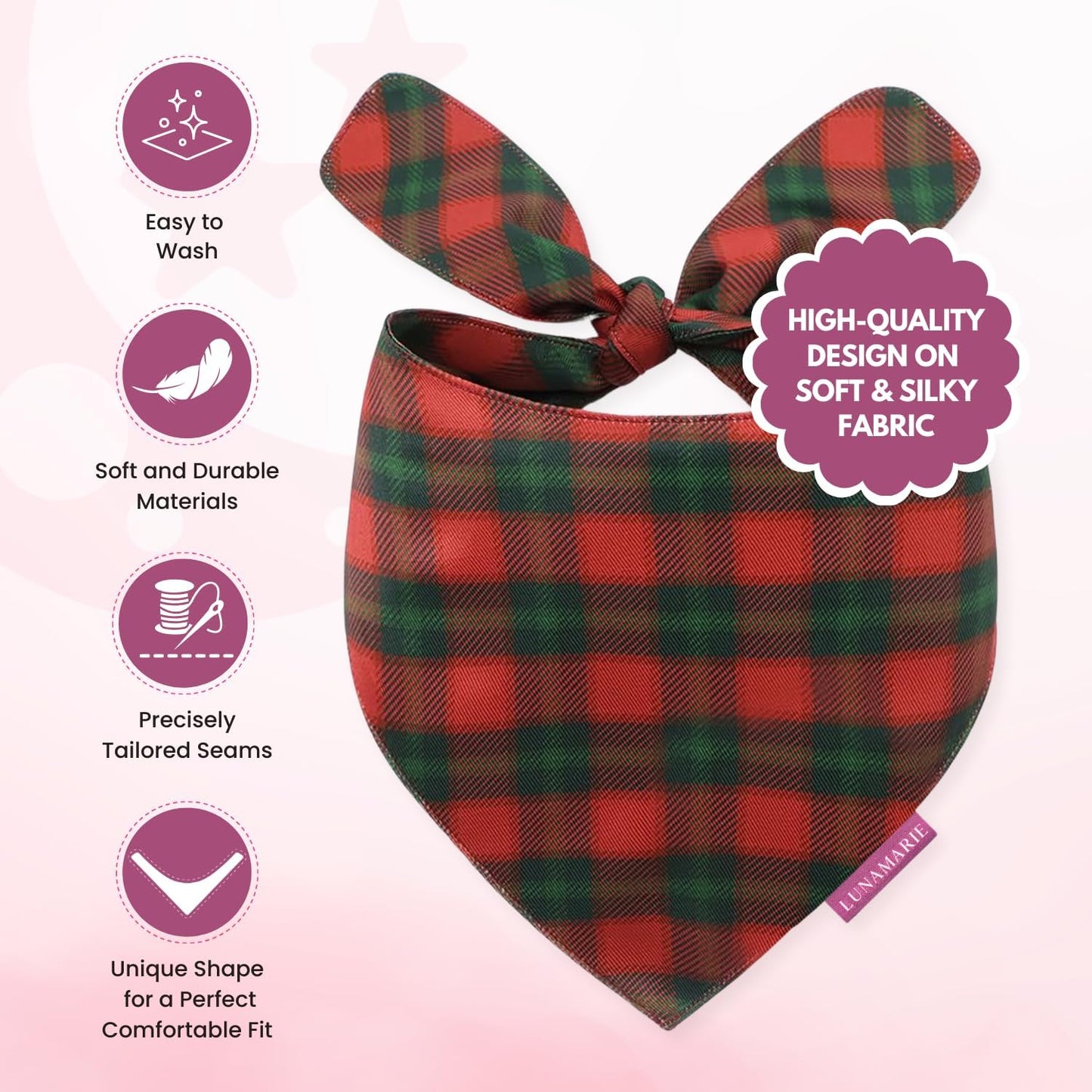 LunaMarie - Luxury Pet Birthday Bandanas -Premium & Silky Poly Fabric | 100% Handmade | Custom Shape Dual Layered (Jingle Plaid, Small)