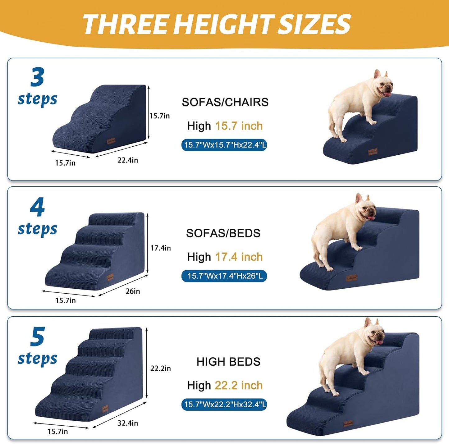 5-Step Dog Stairs and Ramp for High Bed, Non-Slip Sturdy Pet Steps for Small Dogs and Cats,22.2" H,Blue