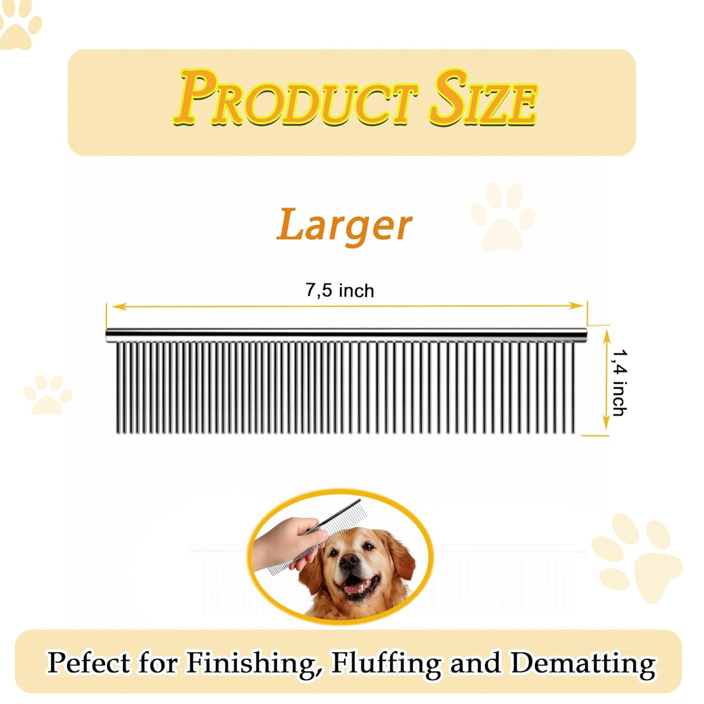 Dog Comb and Cat Combs Stainless Steel Teeth, Grooming Tool for Long & Short Hair, Dematting Comb for Dogs, Removes Tangles & Knots (Large Silver)