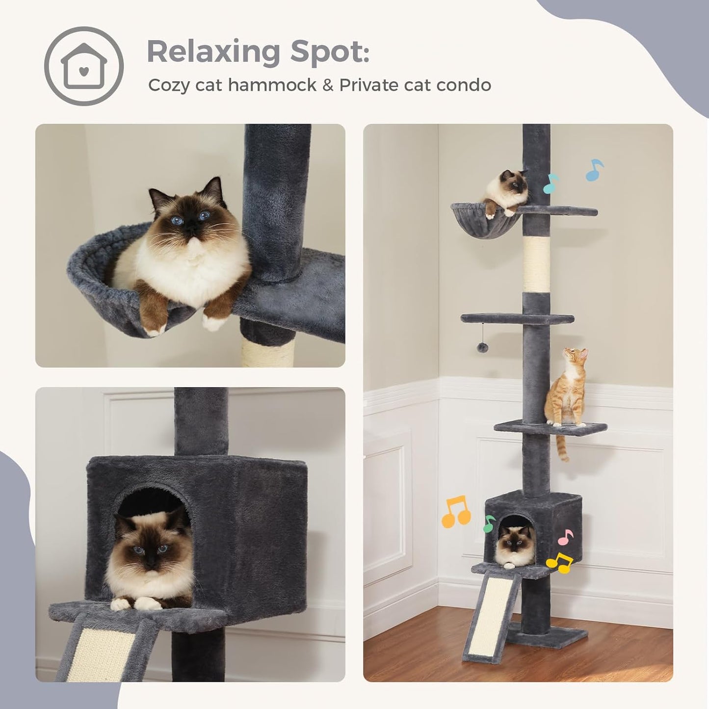 PEQULTI Floor to Ceiling Cat Tree, Tall Cat Tower, Adjustable Height (83''-108'') 5 Levels Climbing Tree for Indoor Cats with Cat Condo, Cozy Hammock and Scratching Post, Smoky Grey