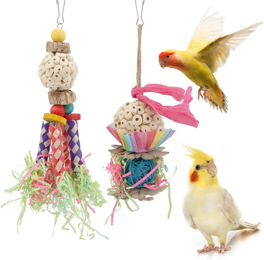 Wontee Bird Toys Colorful Shredding Crinkles Foraging Toys Natural Sola Ball for Parrots Cockatiels Conures Parakeets Budgies Senegal (Sola Ball (2 Pack))
