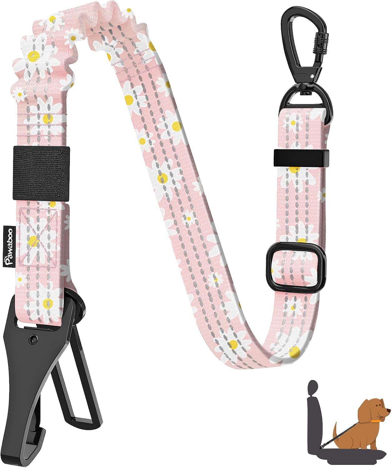 Pawaboo Dog Seatbelt for Car, 3-in-1 Dog Seat Belt Bungee, Shockproof Dogs Tether for Car with Buckle & Hook Latch, Adjustable Reflective Dogs Cars Harness Leash with 360° Lockable Buckle, Light Pink