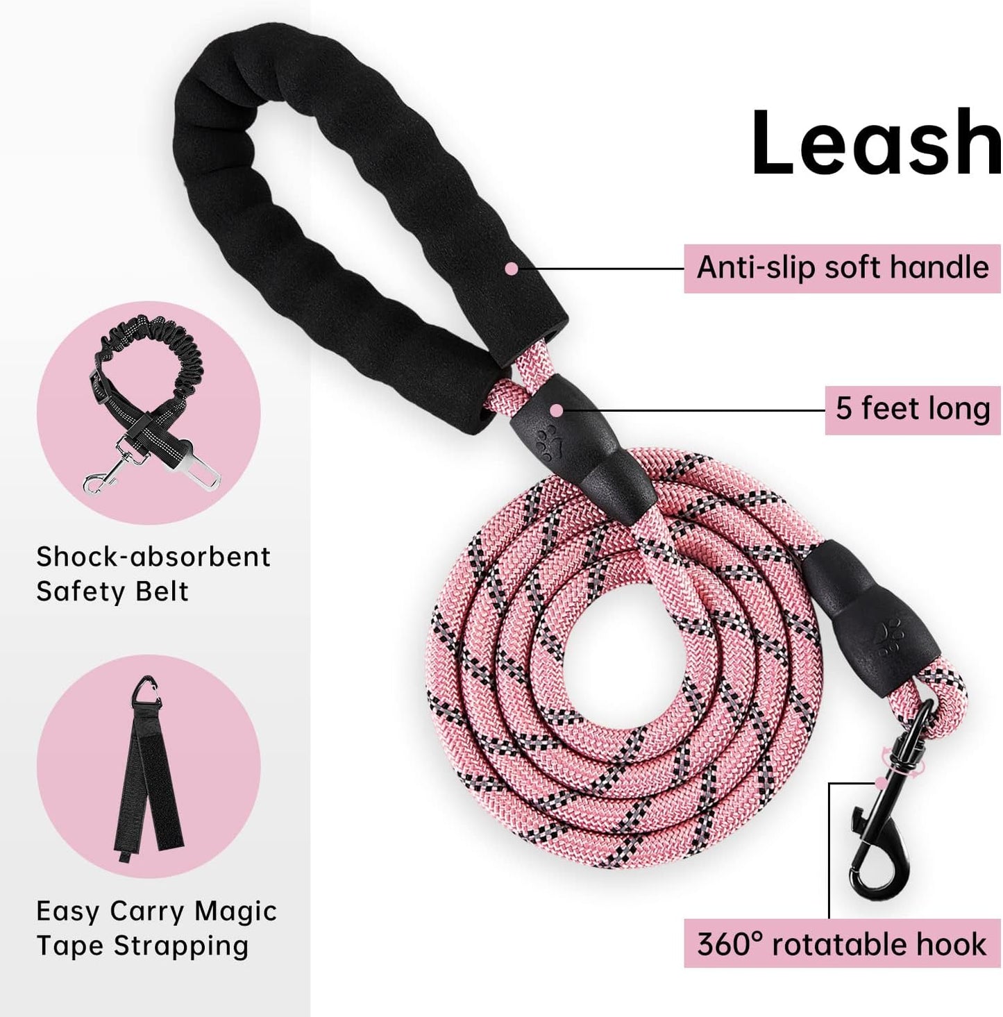 IVY&LANE No Pull Dog Harness for Large Dogs, Reflective Dog Vest Harness with Leash, Safety Belt and Storage Strap, Fully Adjustable Harness with Soft Handle (Pink, L)