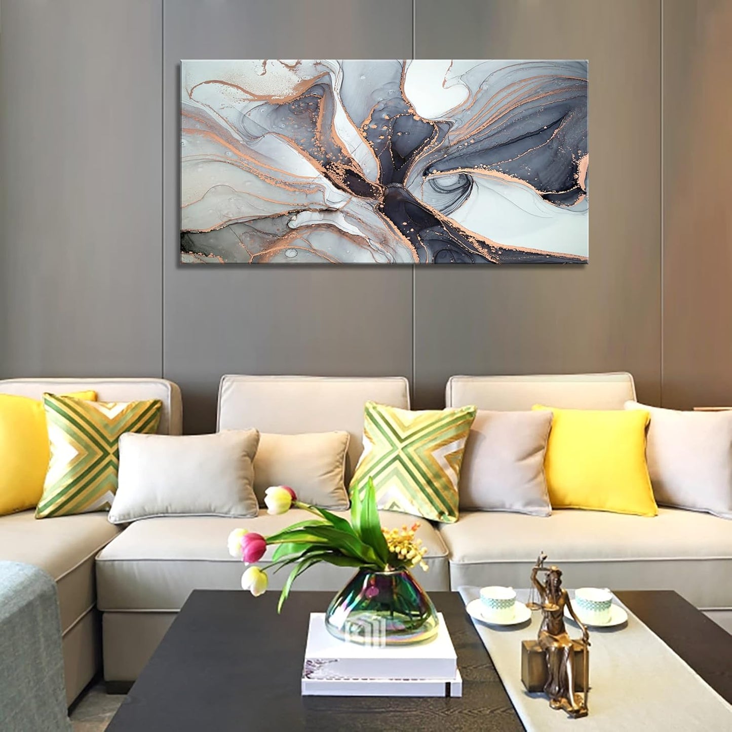 XXMWallArt FC3475 Framed Wall Art Gray and Gold Abstract Painting Background Abstract Canvas Wall Art Print Painting for Bedroom Living Room Office Wall Decor Home Decor