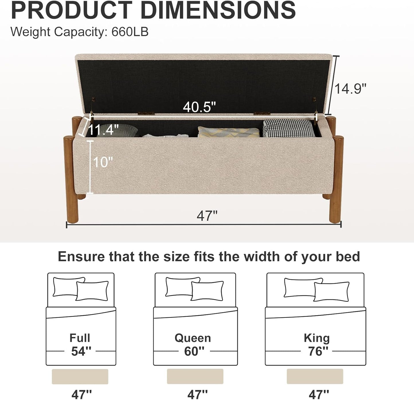 Storage Ottoman Bench, End of Bed Bench for Bedroom, 47" Boucle Upholstered Entryway Shoe Seat Bench, Holds up to 660 lb Storage Ottoman, Padded Blanket Chest Stool Foot Rest for Living Room Beige