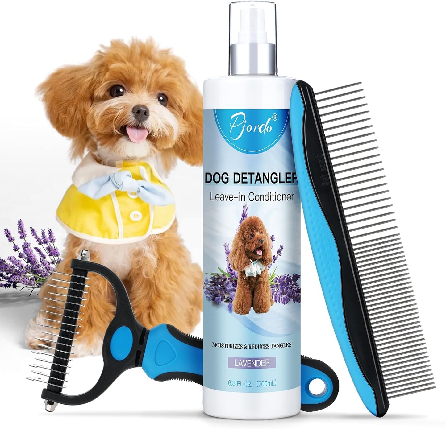 Dog Detangler Spray, Natural Dog Leave in Conditioner Spray with Deshedding Brush and Metal Comb, for Grooming and Mat Removal (Lavender)