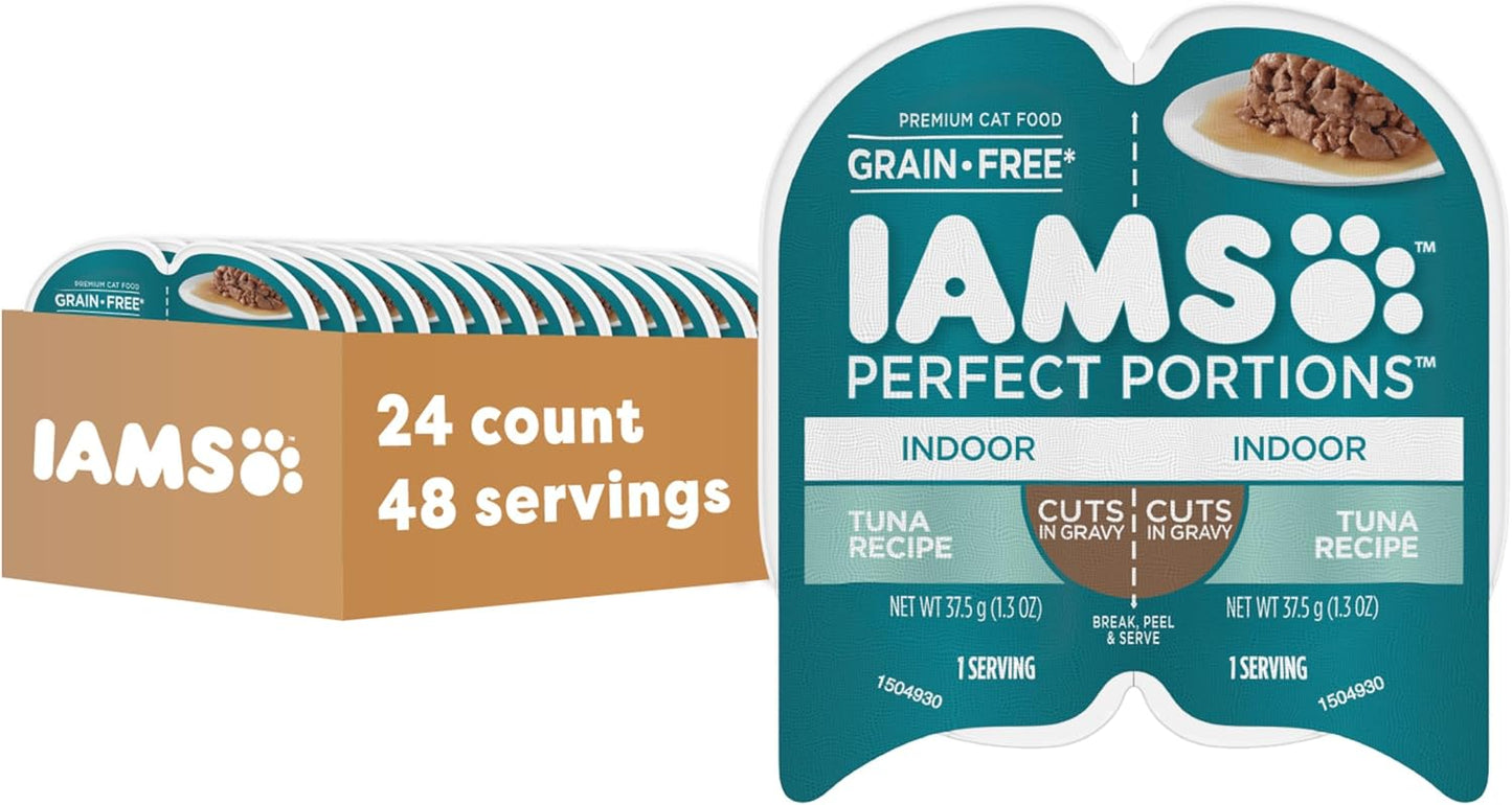IAMS Perfect Portions Indoor Adult Wet Cat Food Cuts in Gravy, Tuna Recipe, 2.6 oz. Easy Peel Twin-Pack Trays (24 Count, 48 Servings)