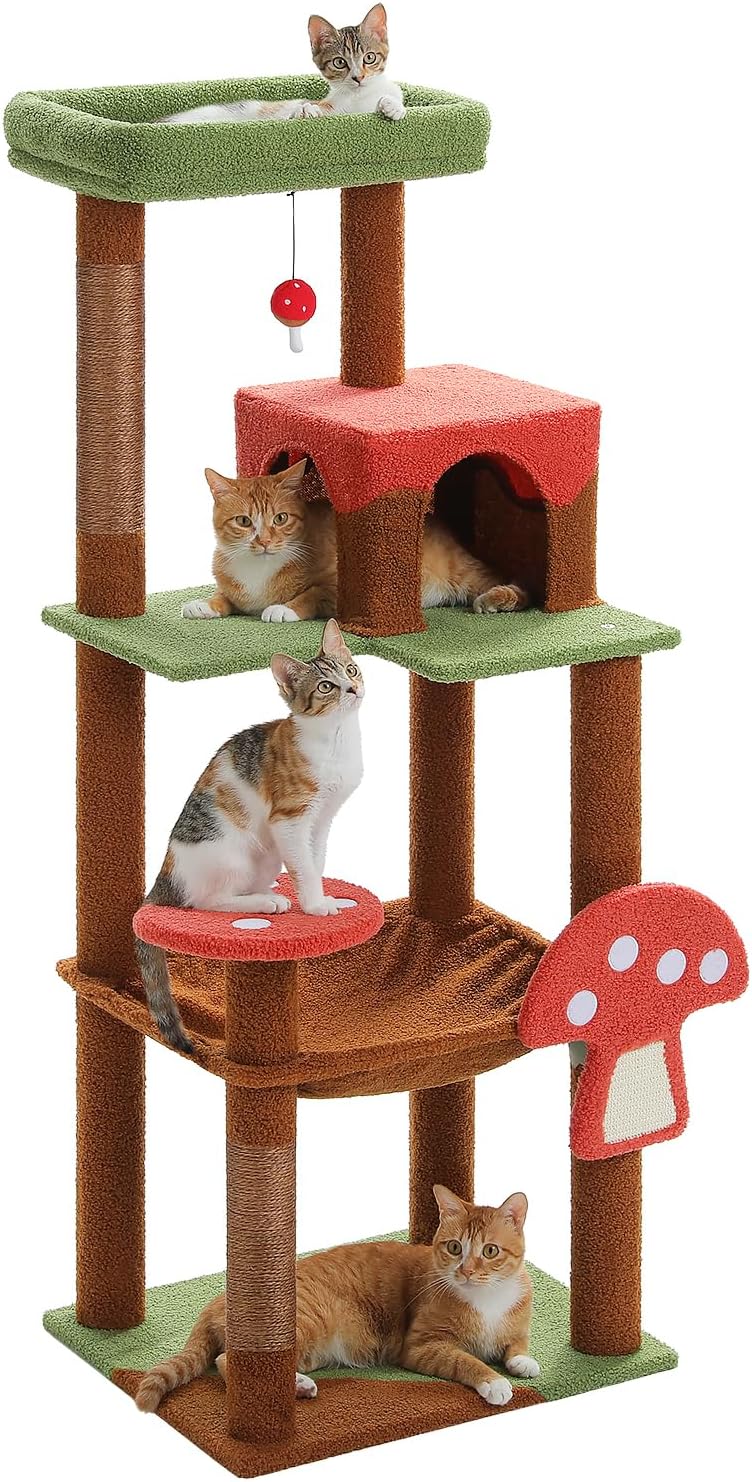 Mushroom Cat Tree Tower with Removable Scratcher, Large Hammock, Condo, Perch, 3 Sisal Posts – Multi-Level Cat Tree for Indoor Cats, Cute Cat Tower for Small Space Homes