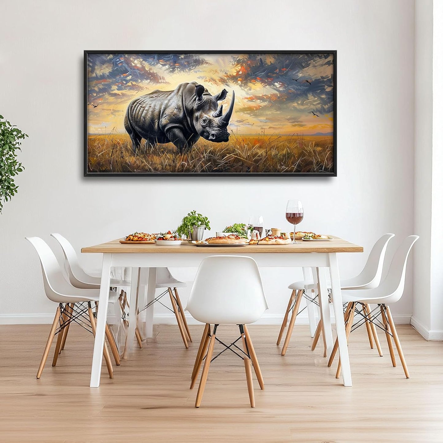 Rhino Large Wall Art Rustic Cool Wild Animal Rhinoceros Pictures Sunset Field Landscape Wall Decor Canvas Print Painting Artwork for Bathroom Living Room Bedroom 60L" x 30W"
