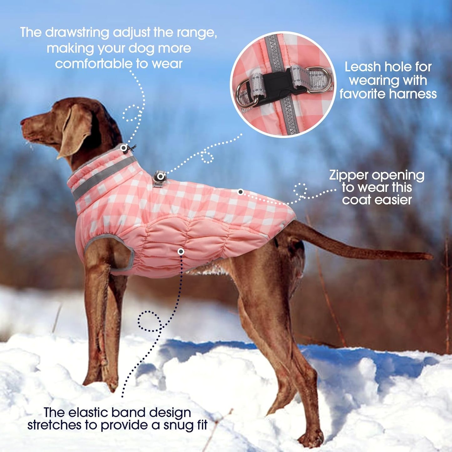 FUAMEY Dog Coat for Large Dogs,Waterproof Dog Winter Jacket with Harness Built in Puppy Cold Weather Coats Reflective Pet Vest with Zipper Warm Fleece Dogs Snowsuit Windproof Pink Plaid L