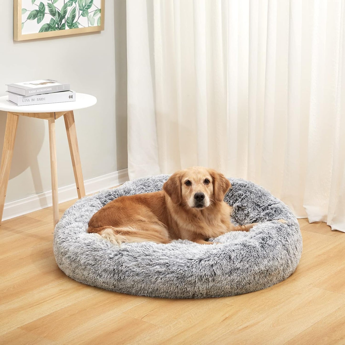 Bedfolks Calming Donut Dog Bed, 36 Inches Round Fluffy for Large Dogs, Anti-Anxiety Plush, Machine Washable (Dark Grey, Large)