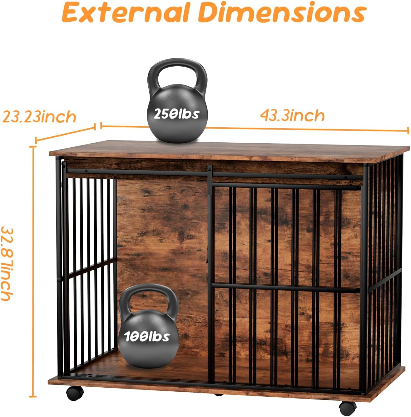 43.7" Dog Crate Furniture, XL Dog Crate Dog Kennel Indoor with Wheels for Large Medium Small Dogs, Wooden Dog Kennel End Table with Sliding Door Wooden Furniture Crates for Living Room, Bedroom