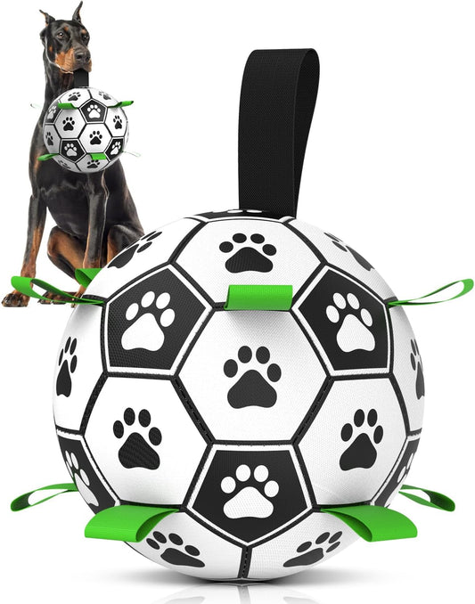 QDAN Soccer Ball with Straps - Durable Giant Dogs Balls, Outdoor, Herding, Floating, Birthday (10 Inch)