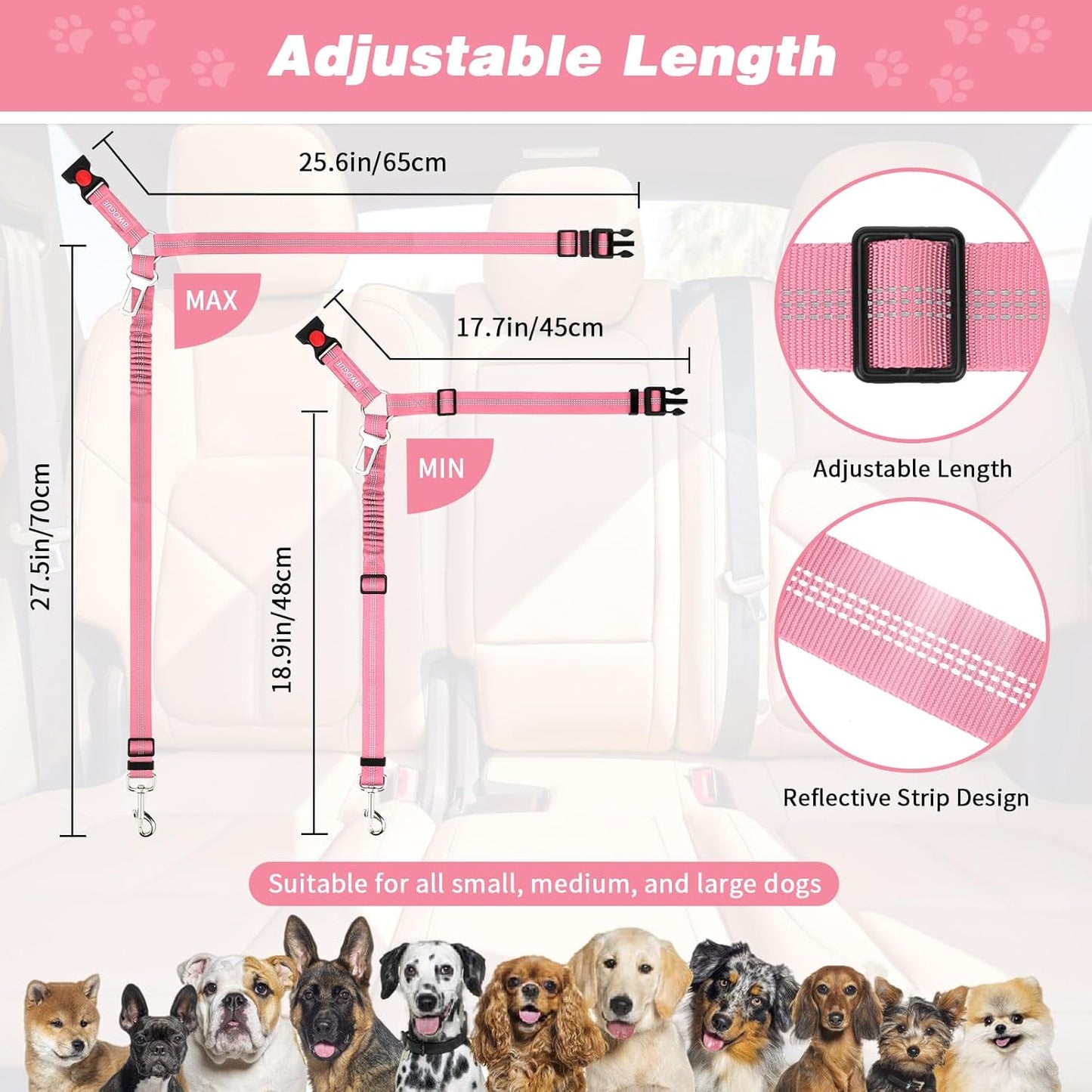 BWOGUE Pet Dog Cat Seat Belt Reflective Car Dog Headrest Restraint Leash Elastic Buffer Bungee Adjustable Tangle-Free Safety Leads Vehicle Seatbelt Harness for Small, Medium and Large Dogs (1 Pack)