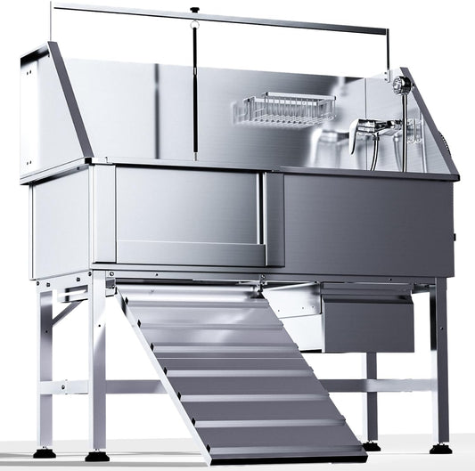 Professional 46" Dog Washing Station, Stainless Steel Dog Bathing Station, Height Adjustable Dog Wash Station, Storage Drawer, Upgrade Parts, Home, Commercial (Left Ramp)