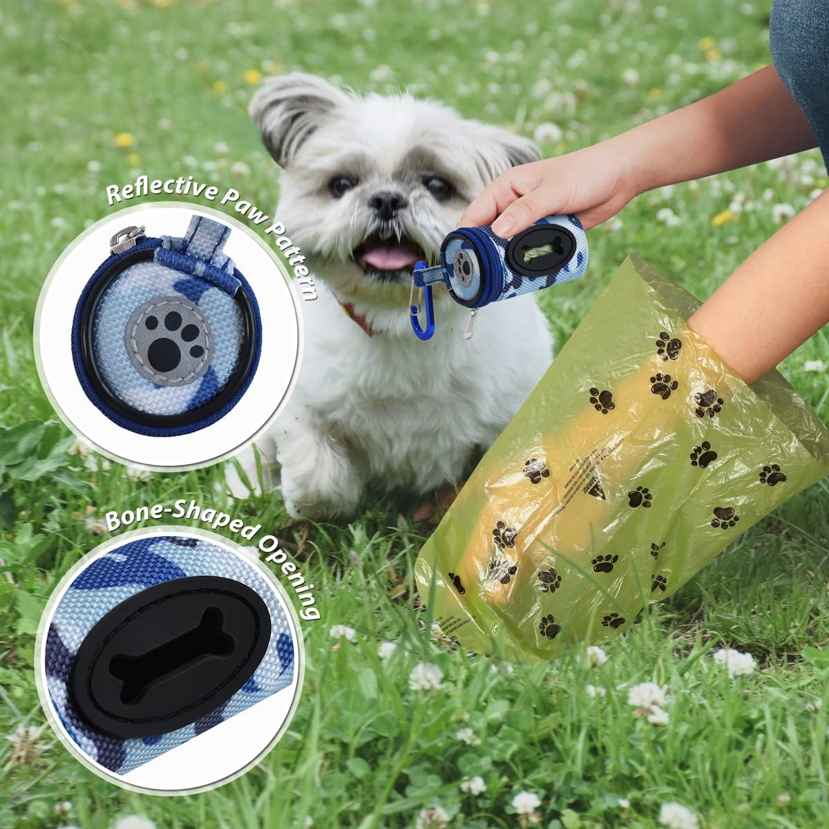 Dog Poop Bag Holder for Leash Doggie Waste Bag Dispenser Puppy Potty Carrier Small Doggy Zipper Pouch with Carabiner Clip 1680D Nylon Oxford with 1 Roll of Pet Trash Bags, Sky Blue Camo