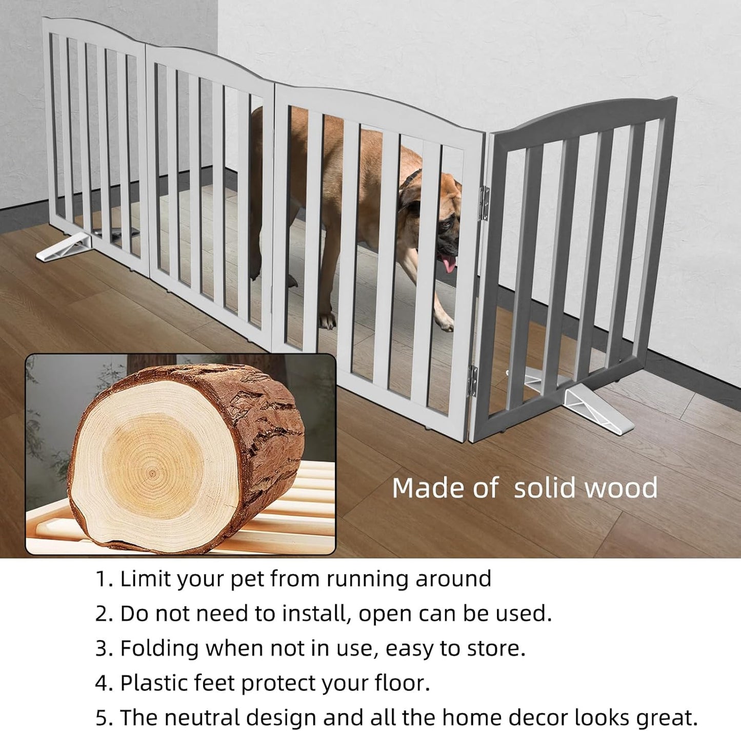 ZJSF Foldable Freestanding Indoor Dog Gate for House Wood Long Pet Gates Dog Fence for Stairs Puppy Gates for Hallways, Puppy Gate,Support Feet Included, Grey, 32 "Height-3 Panels