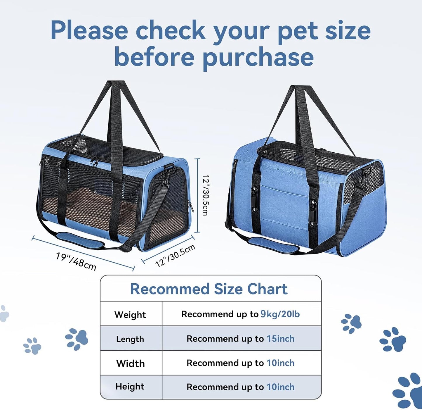 PETSFIT Soft-Sided Cat Carriers & Car Seats with Patent Safe Buckles, Clip-On Harness, 19"x12"x12" Pet Travel Carrier - 20 lbs Capacity (Blue)
