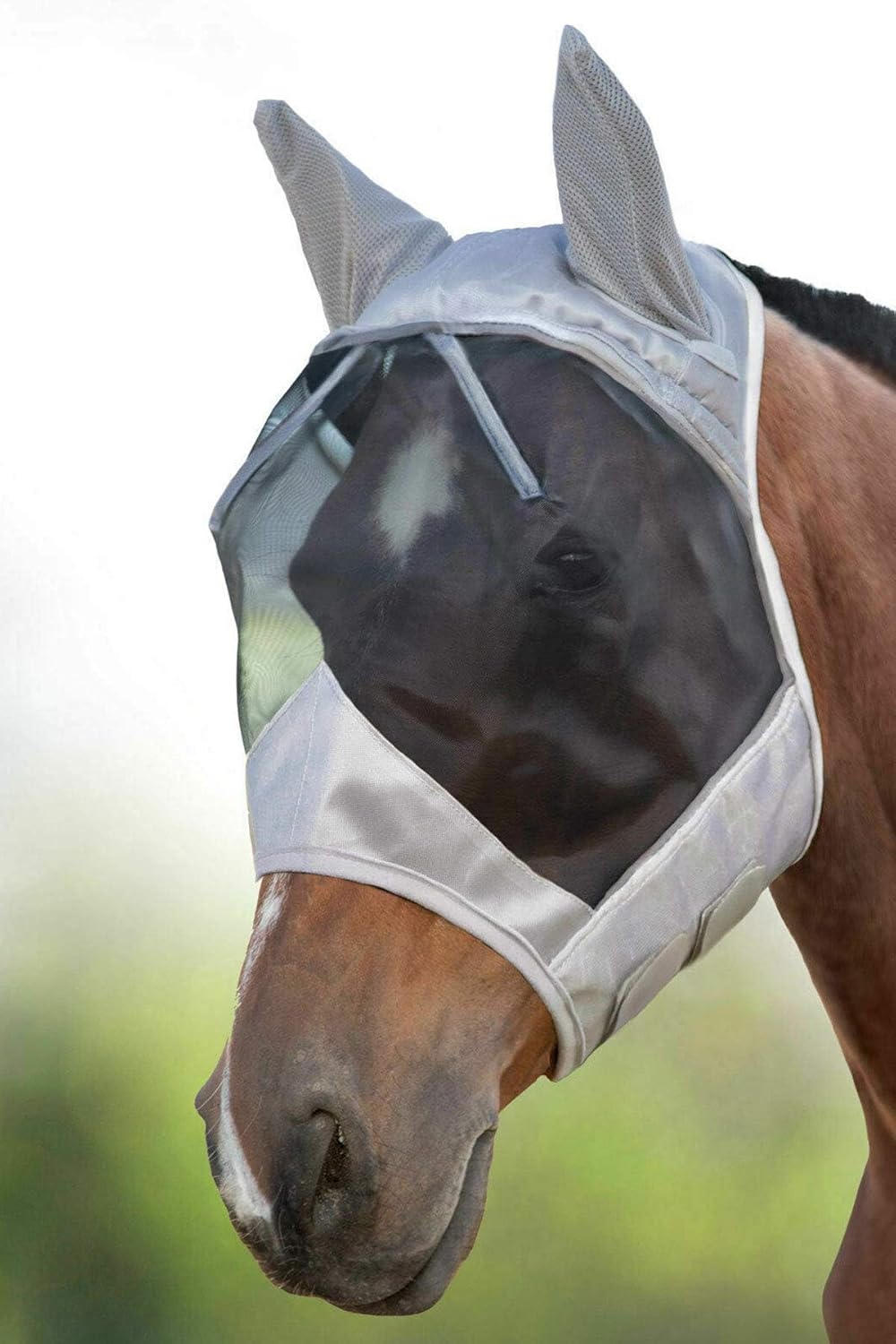 Harrison Howard CareMaster Horse Fly Mask Half Face with Ears Silver/Black Retro Small Pony