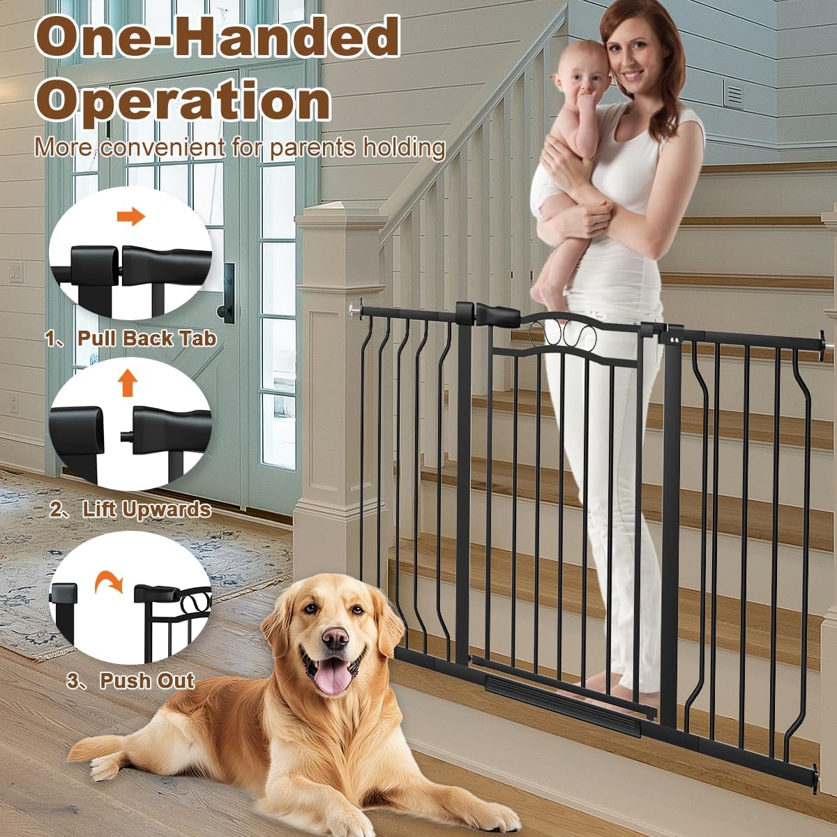 29.5-43.7" Wide Baby Gate for Stairs No Drilling, 30" Tall Metal Pet Baby Safety Gates with Expansion Kit, Press Mounted Pet Gate Indoor for Kids, Walk Through Dog Gates for Doorways, Black