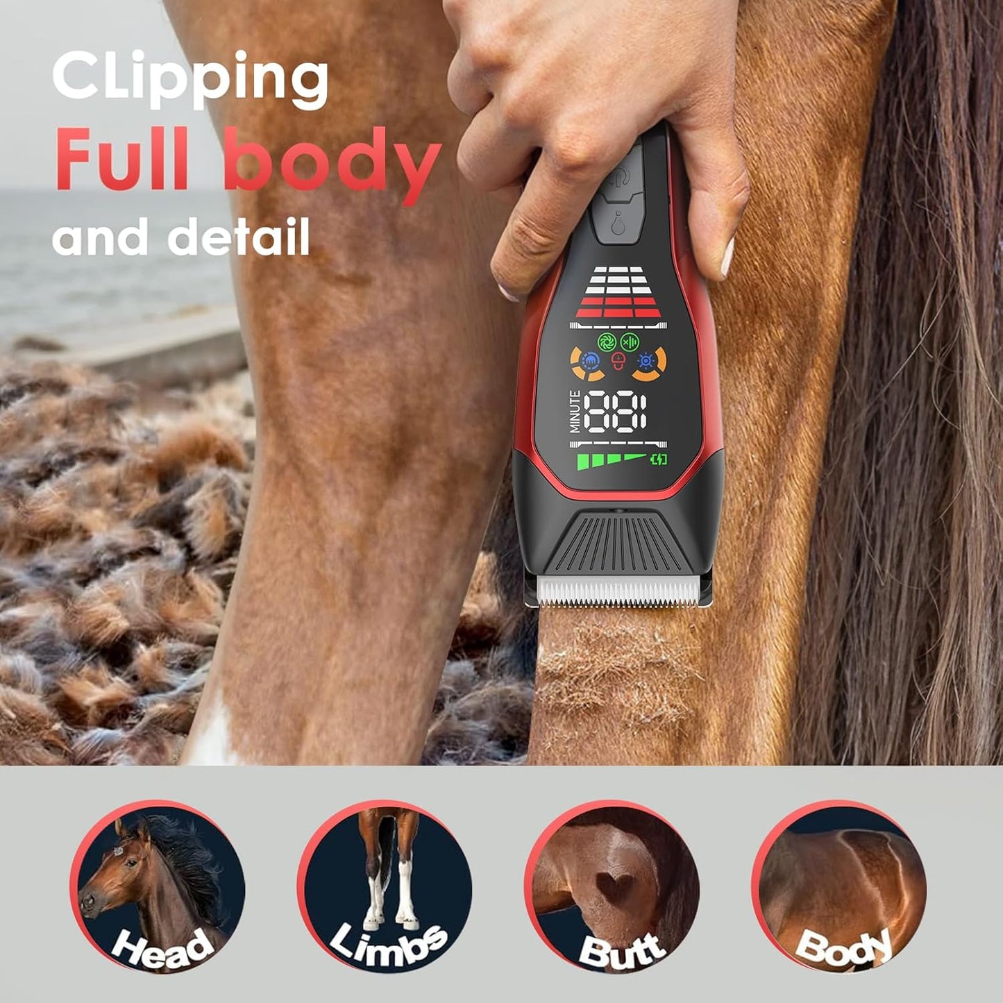 Horse Clippers,Quiet 2-Speed Horse Grooming Clippers,Rechargeable Pet Shaver for Matted Long Hair,Cordless Wide-Blade Powerful Horse Trimmer Kit for Thick Coat #066 Red
