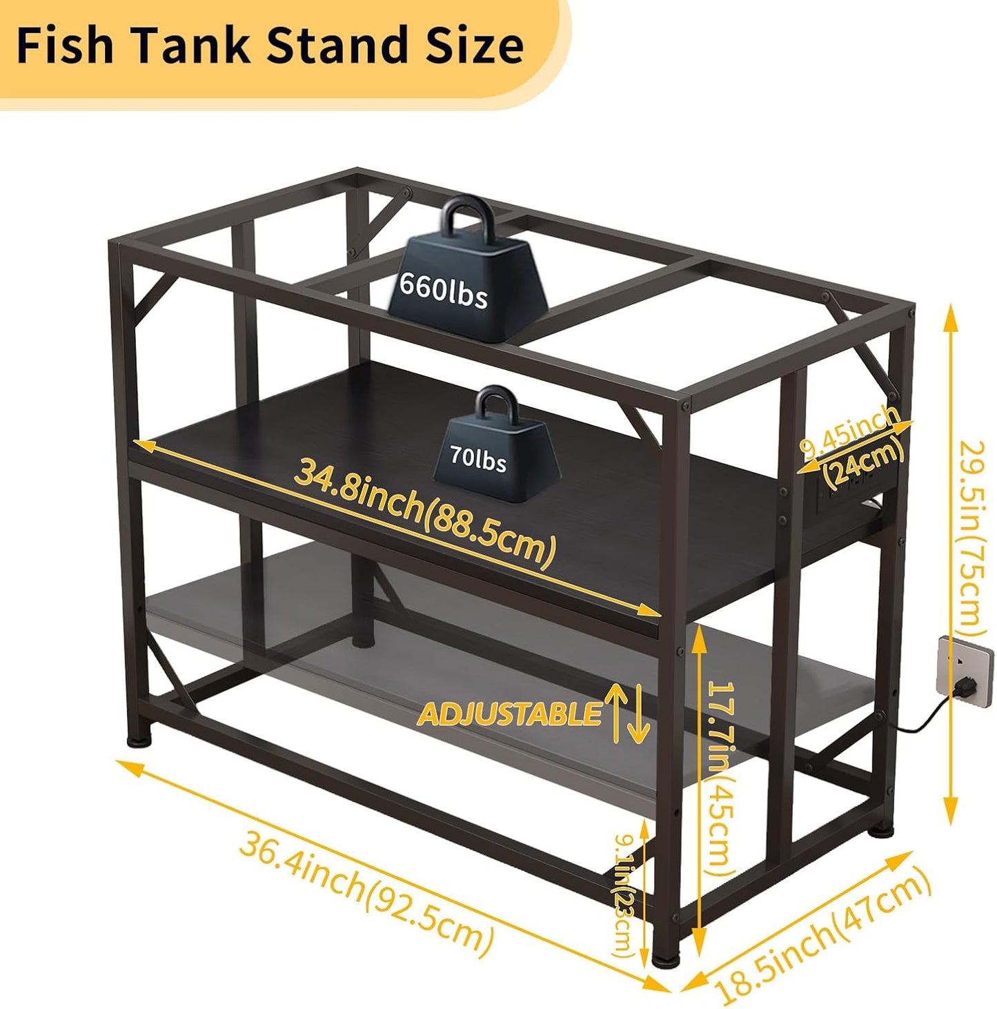 Sturdy Metal Aquarium Stand with Power Outlets, Adjustable Storage Cabinet - 660LBS Capacity, Black - Suitable for 40 Gallon Fish Tank, Turtle Tank, Fish Tank Accessories - Perfect Fish Tank Stand for Organization and Convenience
