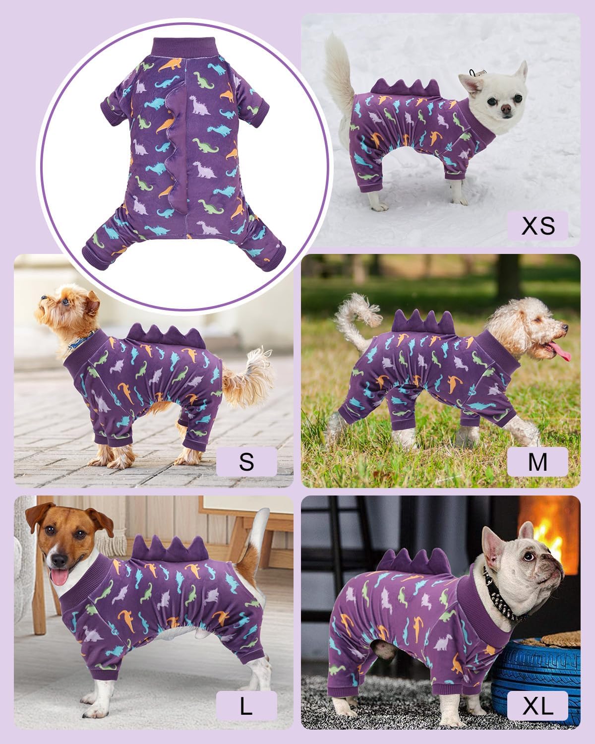 CuteBone Dinosaur Costume Dog Pajamas, Stretchy Spandex Crystal Velvet Sleepwear Coat for Small Dogs, Soft & Warm Pet Outfit Clothes for Cold Weather, Cozy Pullover Design COSP04XS
