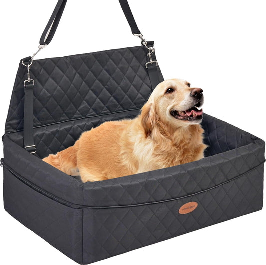 Dog Car Seat for Large/Medium Pet, Anti Slip Bottom Dogs Booster Seat for All Seasons,Pet Travel Bed with Thick Dog Sofa Cushion,2 Safety Leashes(Black)