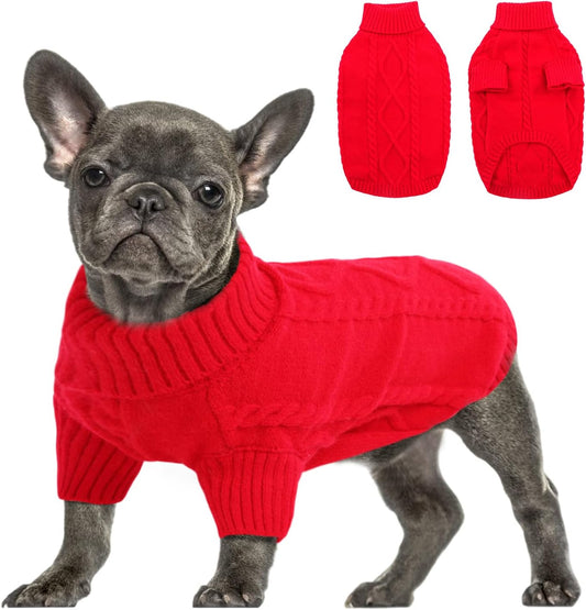 Queenmore Small Dog Pullover Sweater, Cold Weather Cable Knitwear, Classic Turtleneck Thick Warm Clothes for Chihuahua, Bulldog, Dachshund, Pug (Red, Medium)