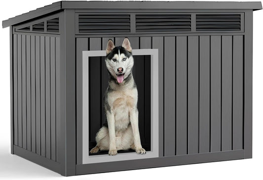 VIXZEN Dog House Indoor Outdoor,Waterproof Dog House for Small to Large Dogs,Doghouse with Air Vents and Elevated Floor,Openable at The Top,Easy to Assemble and Clean,Black,42.87"×32.95"×31.61"