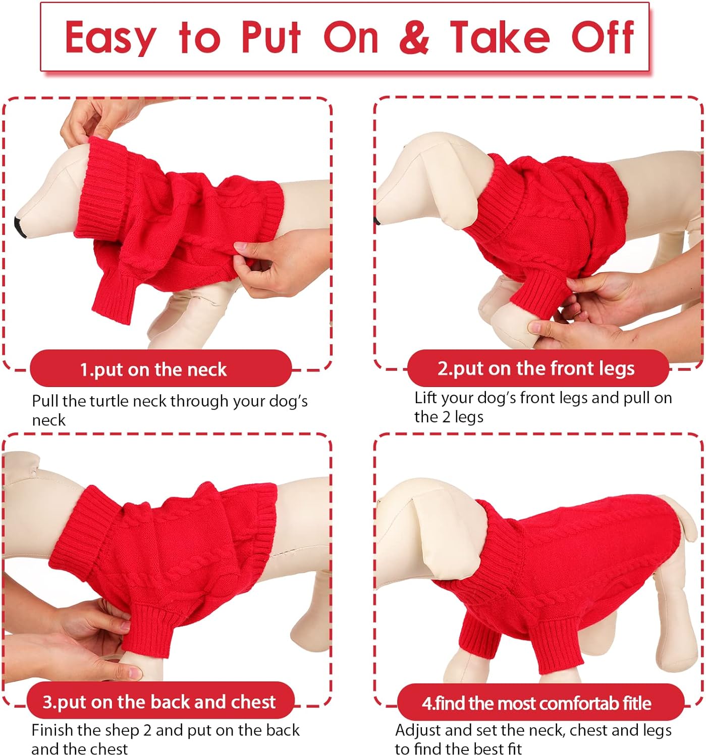 Queenmore Small Dog Pullover Sweater, Cold Weather Cable Knitwear, Classic Turtleneck Thick Warm Clothes for Chihuahua, Bulldog, Dachshund, Pug (Red, Medium)