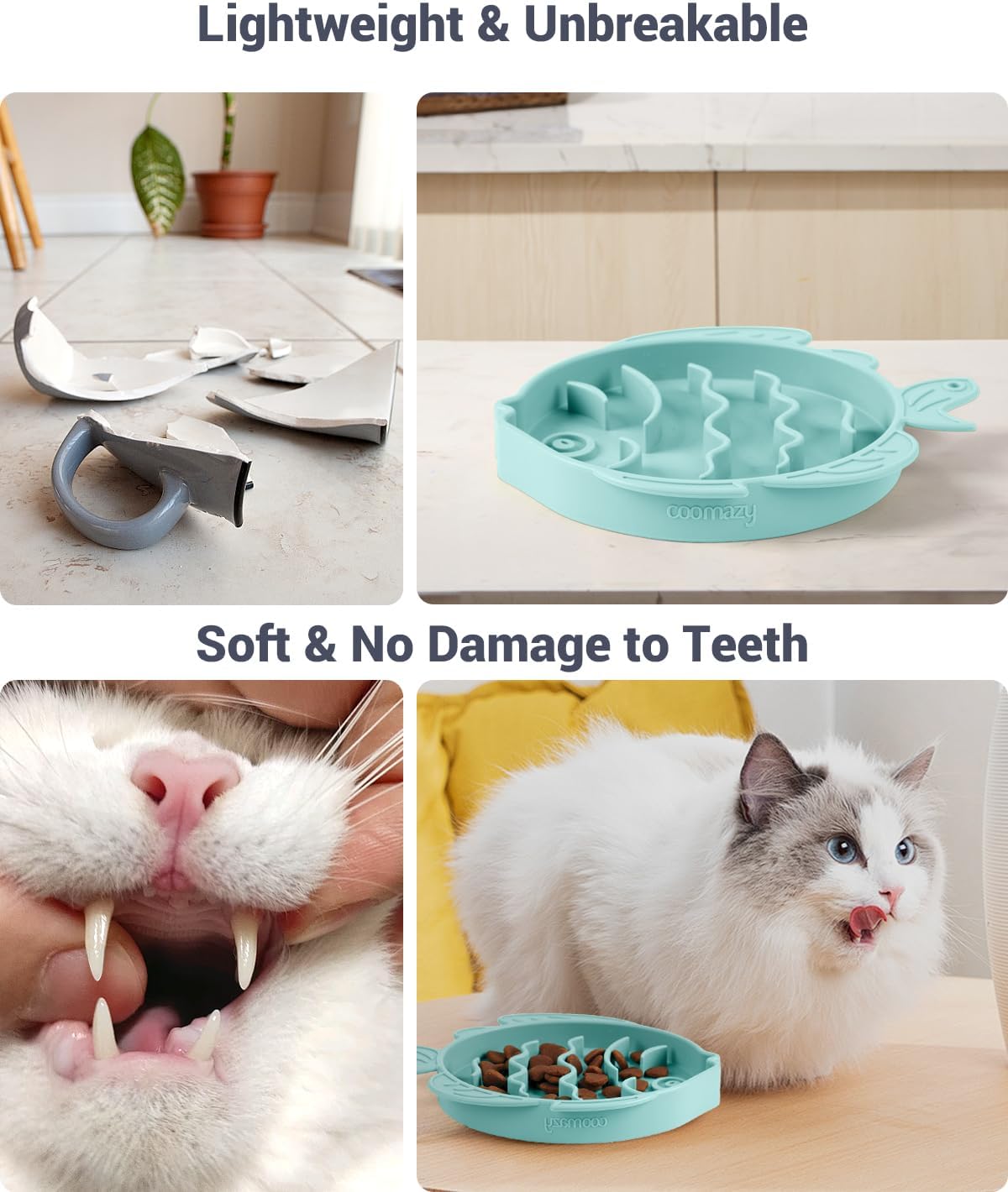 Coomazy 2-in-1 Silicone Slow Feeder Dog Cat Bowls, Lick Mat Interactive Puzzle Toy for Pets Dry/Wet Food Training, Keeps Dogs Cats Busy, Prevents Puppy Kitty Overeating (Cyan, 1.2 Cup)